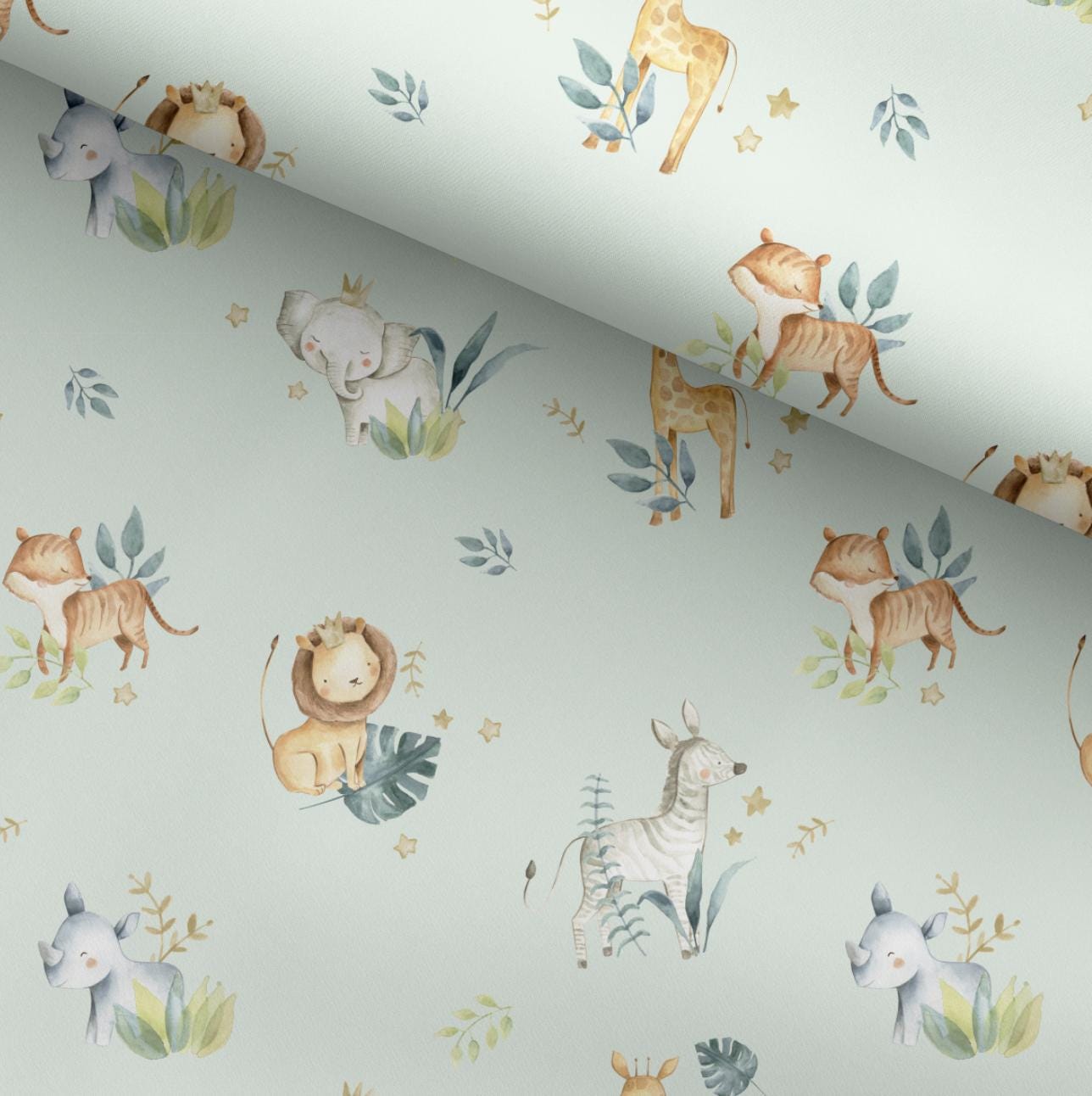 100% Cotton Fabric, Green Safari Animals with Leaves, Fabric, Baby Nursery Fabric, Quilting Fabric, 147cm Wide, Meter