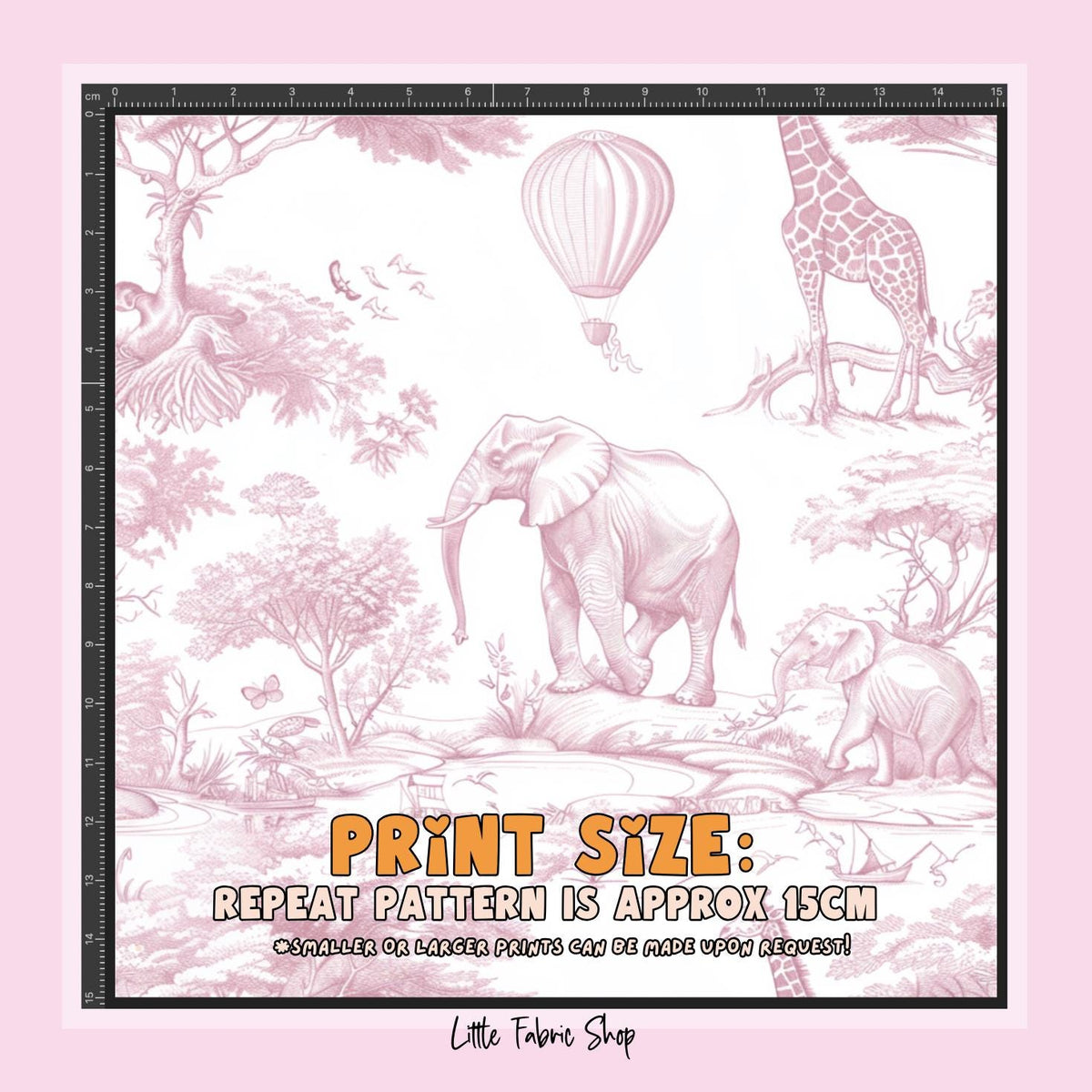 100% Cotton Fabric, Chinoiserie Toile de Jouy Safari - Deep Pink, Fabric, Baby Nursery Fabric, Quilting Fabric, 147cm Wide, Meter