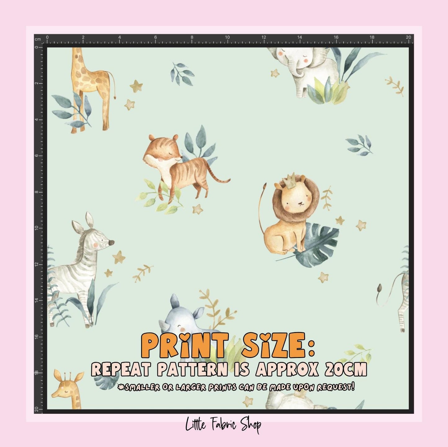 100% Cotton Fabric, Green Safari Animals with Leaves, Fabric, Baby Nursery Fabric, Quilting Fabric, 147cm Wide, Meter