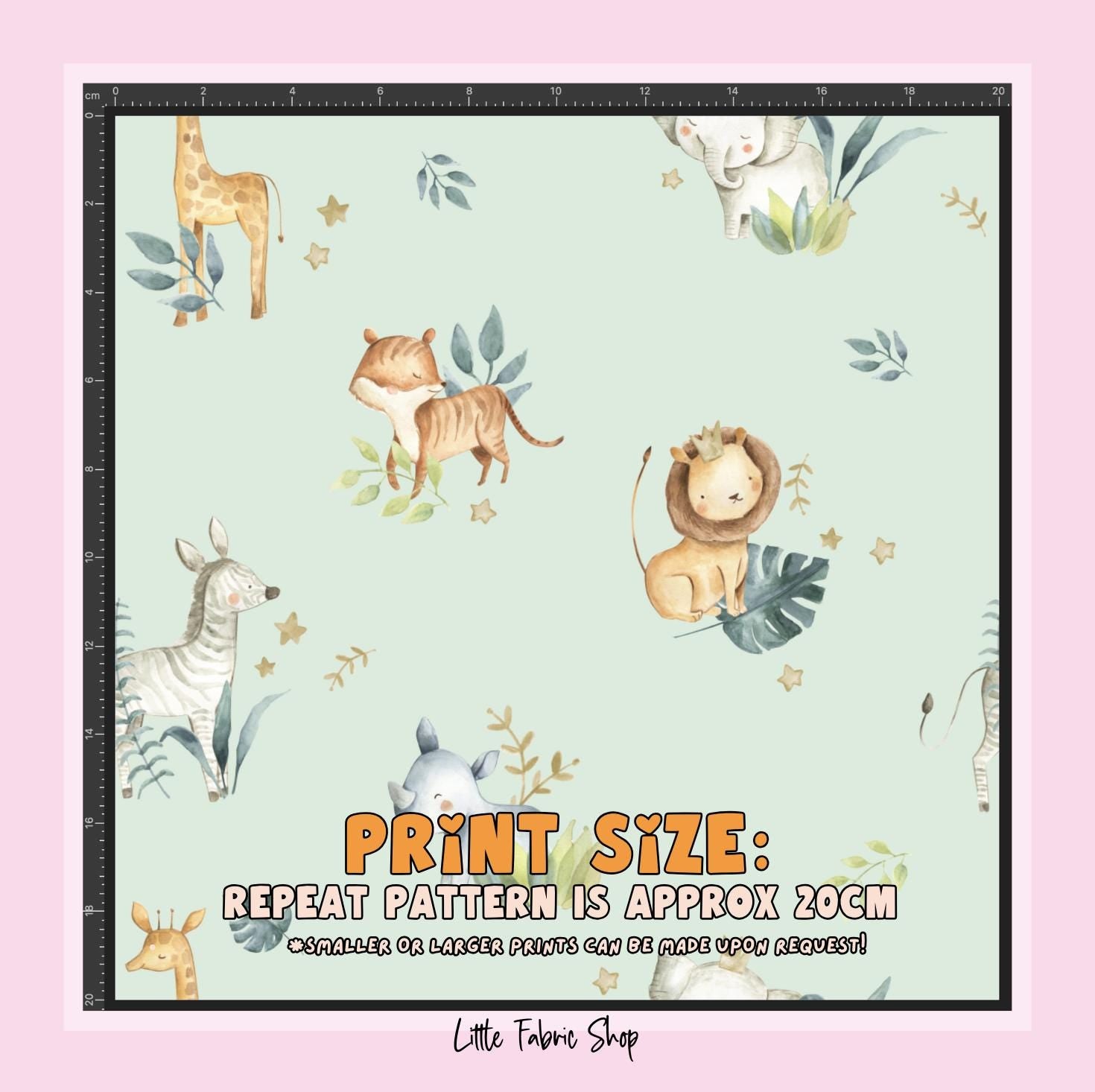 100% Cotton Fabric, Green Safari Animals with Leaves, Fabric, Baby Nursery Fabric, Quilting Fabric, 147cm Wide, Meter