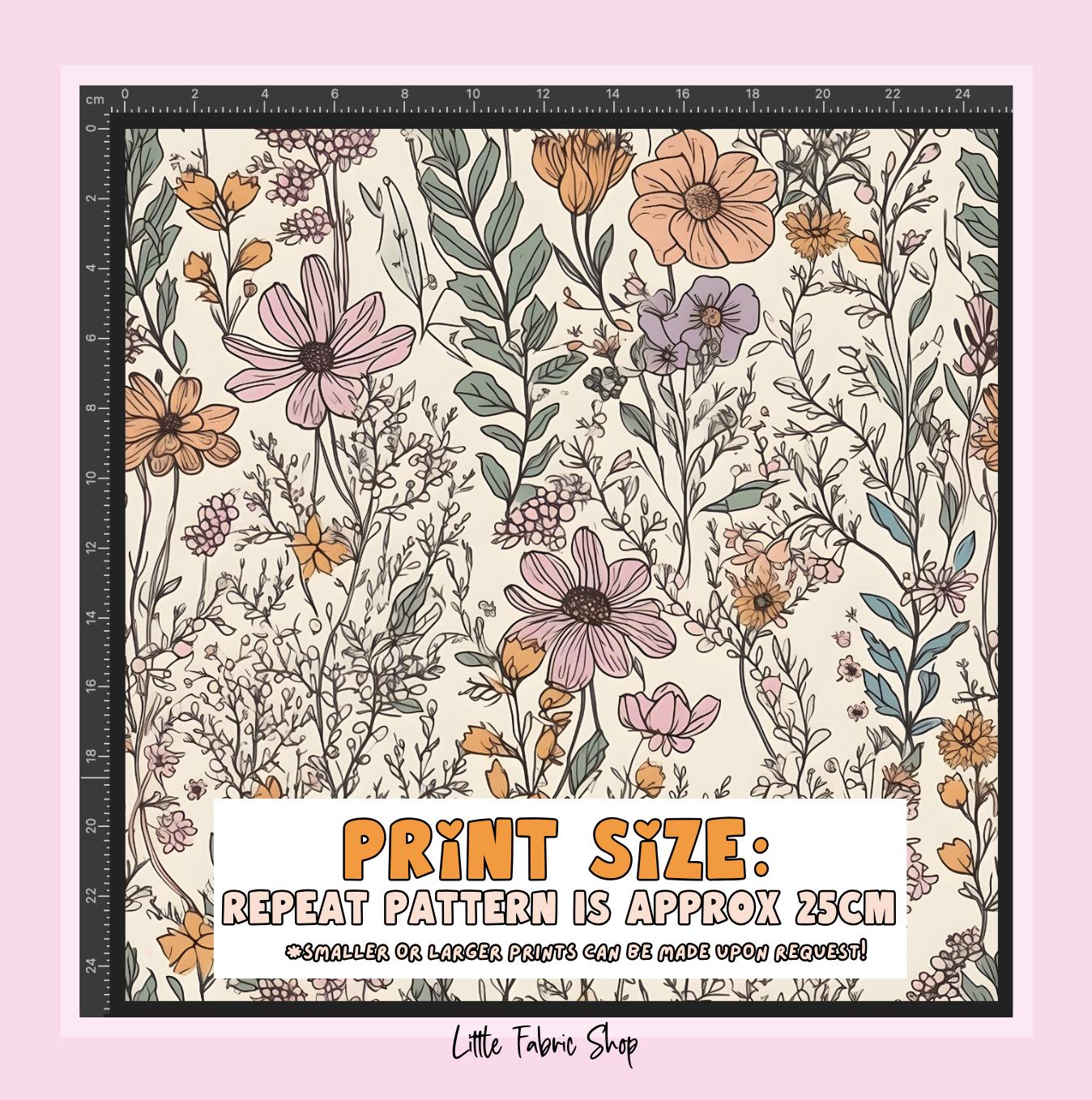 100% Cotton Fabric, Wild Flowers, Floral Fabric, Baby Nursery Fabric, Quilting Fabric, 147cm Wide, Meter