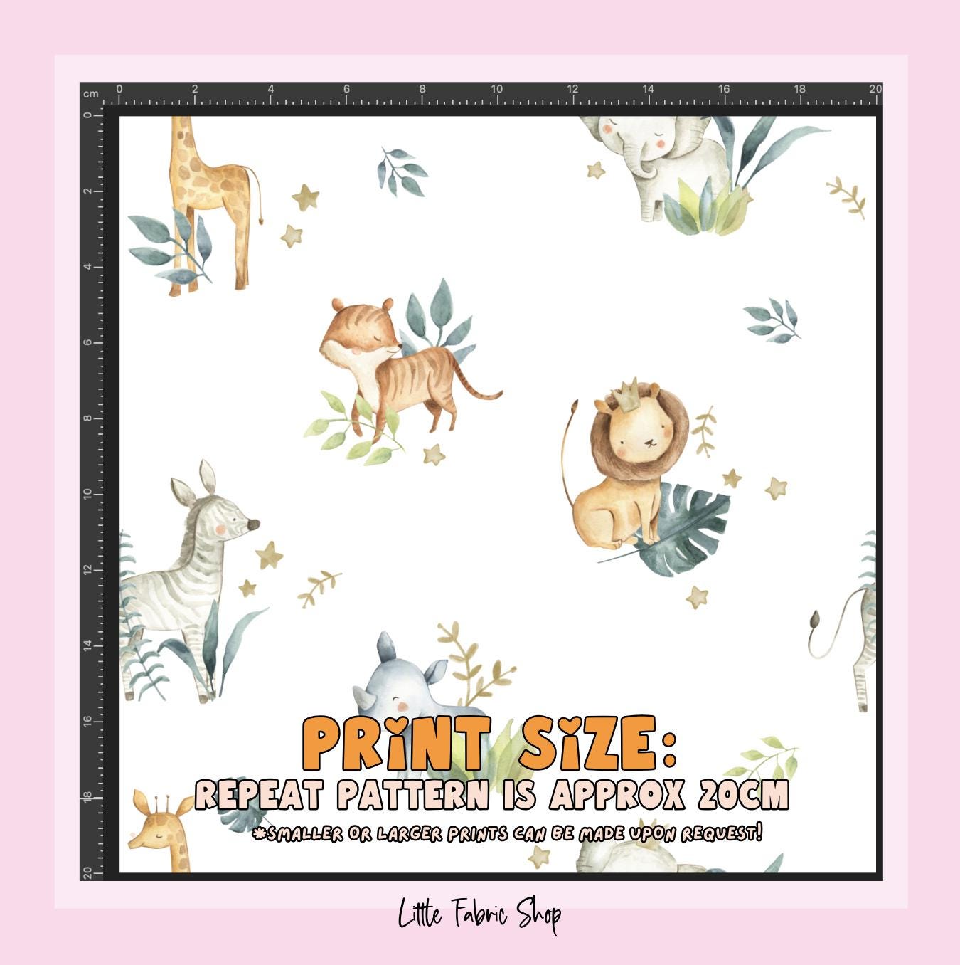 100% Cotton Fabric, Safari Animals with Leaves, Fabric, Baby Nursery Fabric, Quilting Fabric, 147cm Wide, Meter