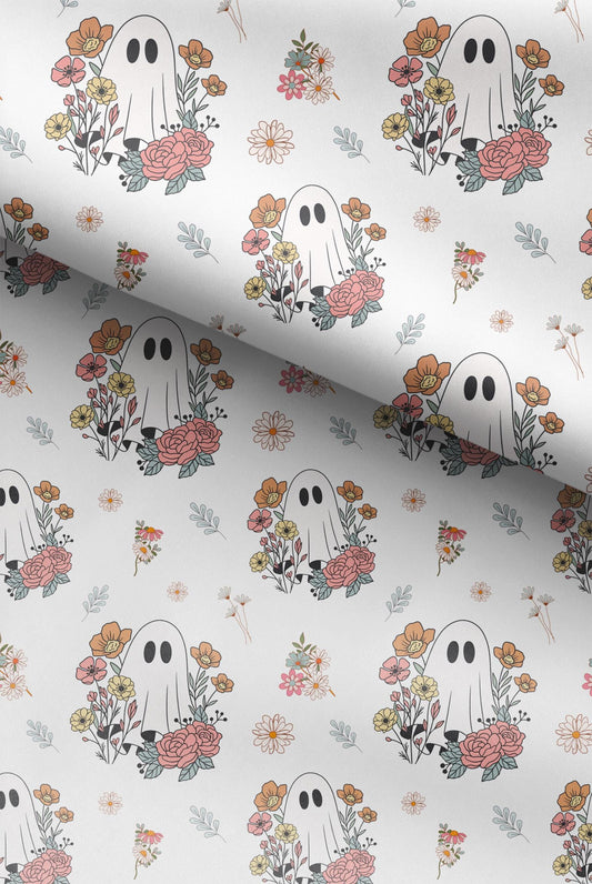 100% Cotton Fabric, Floral Ghost, Halloween, Fabric, Baby Nursery Fabric, Quilting Fabric, 147cm Wide, Meter