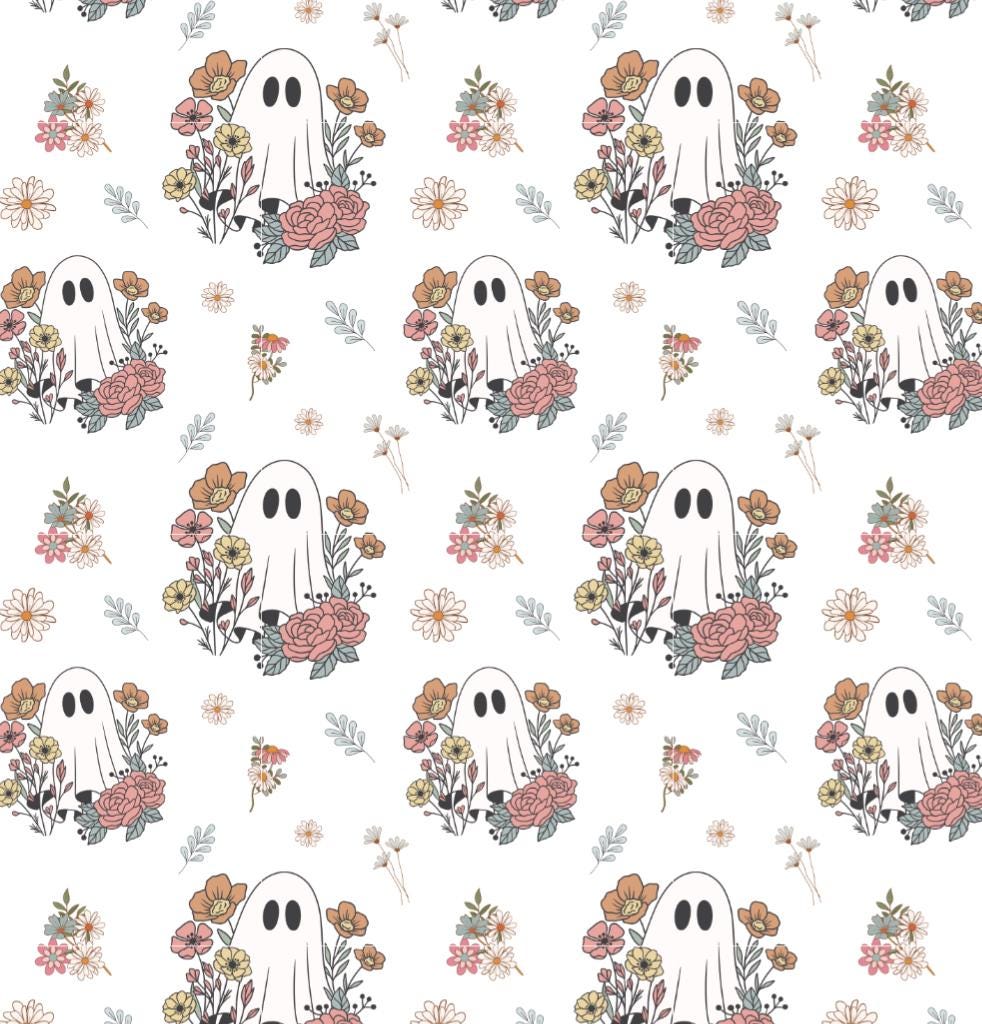 100% Cotton Fabric, Floral Ghost, Halloween, Fabric, Baby Nursery Fabric, Quilting Fabric, 147cm Wide, Meter
