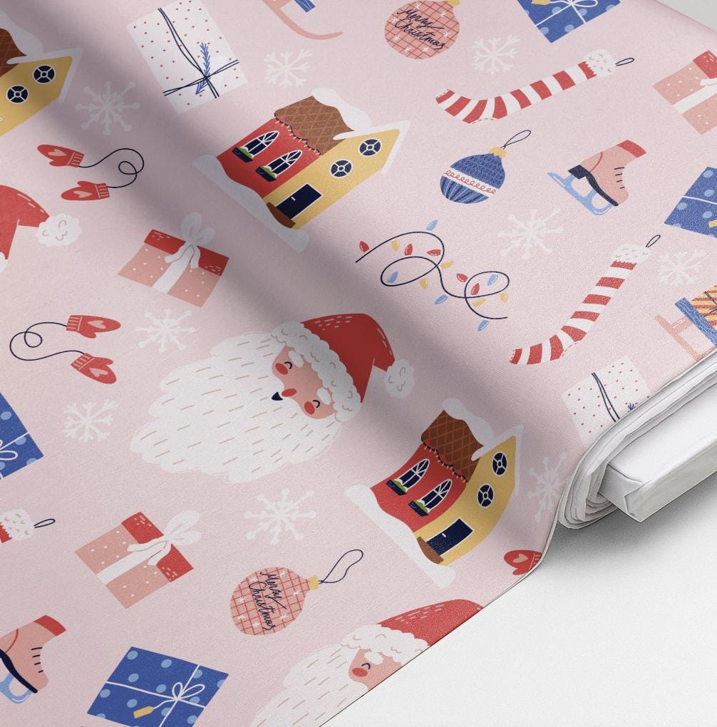 100% Cotton Fabric, Christmas - Jolly Pink, Santa, Presents, Fabric, Quilting Fabric, 147cm Wide, Meter, Festive fabric