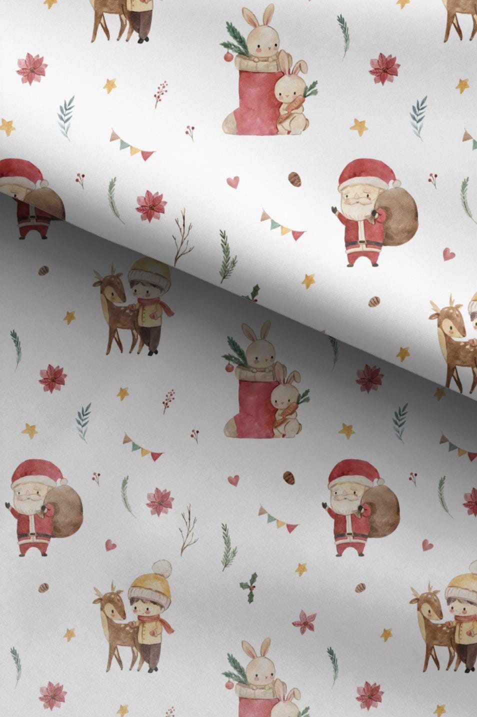100% Cotton Fabric, Christmas - Watercolour Santa, Presents, Fabric, Quilting Fabric, 147cm Wide, Meter, Festive fabric