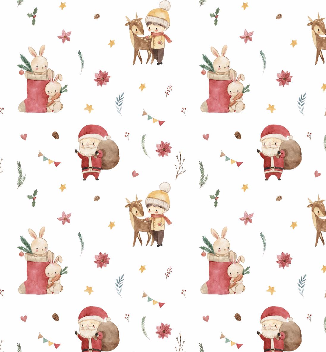 100% Cotton Fabric, Christmas - Watercolour Santa, Presents, Fabric, Quilting Fabric, 147cm Wide, Meter, Festive fabric