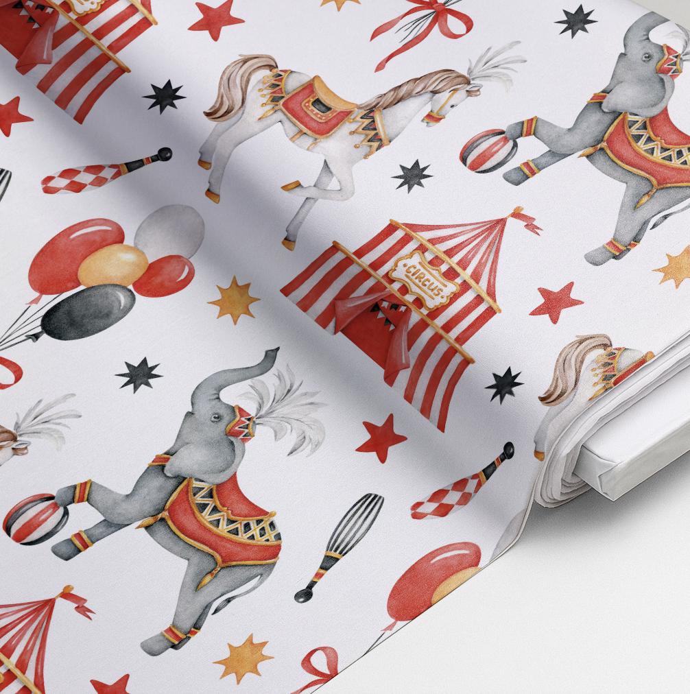100% Cotton Fabric, Circus - Red, Circus, Elephants, Circus Tent, Quilting Fabric, 147cm Wide, Meter, Kids fabric