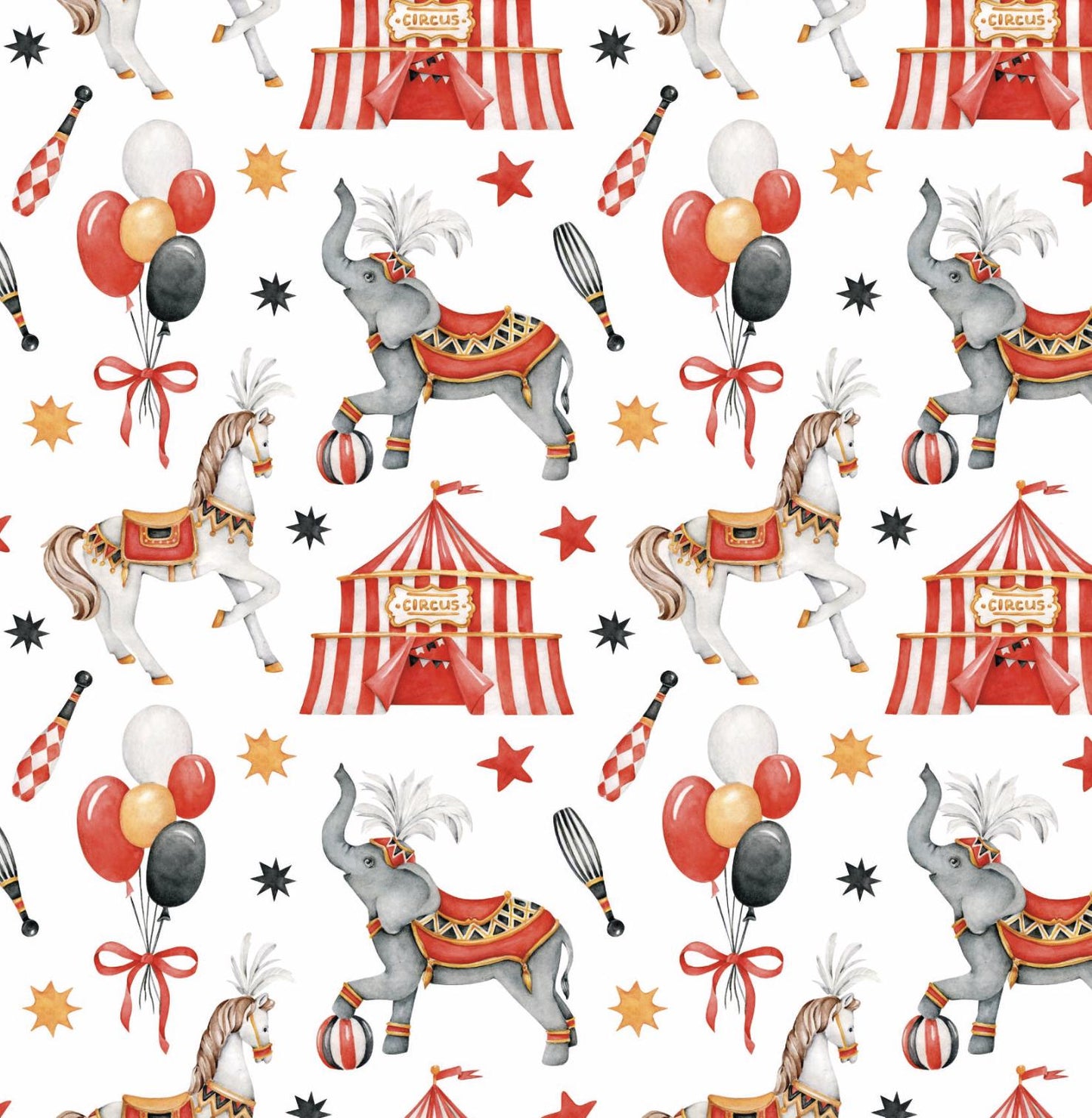 100% Cotton Fabric, Circus - Red, Circus, Elephants, Circus Tent, Quilting Fabric, 147cm Wide, Meter, Kids fabric