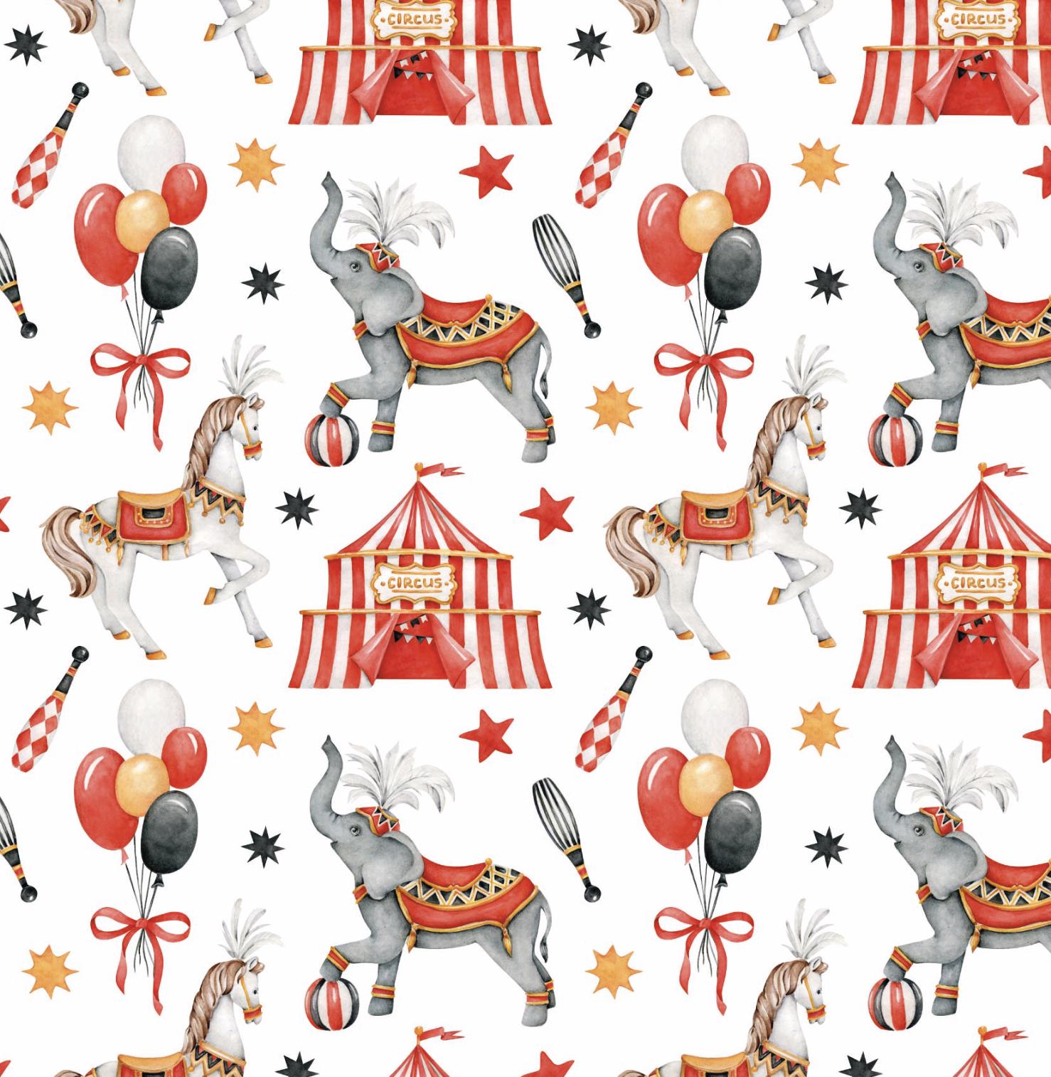 100% Cotton Fabric, Circus - Red, Circus, Elephants, Circus Tent, Quilting Fabric, 147cm Wide, Meter, Kids fabric
