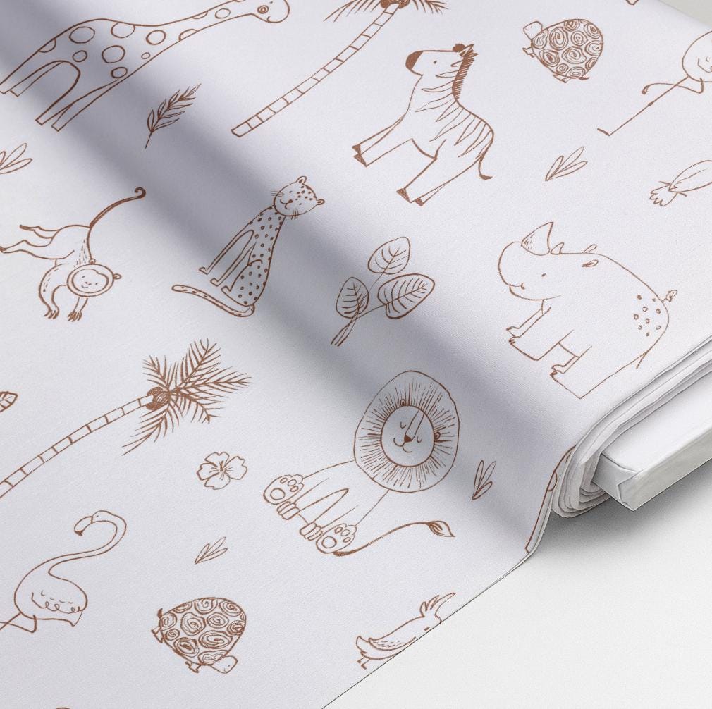 100% Cotton Fabric, Doodles - Drawing Safari, Safari Fabric, Elephant, Zebra, Quilting Fabric, 147cm Wide, Meter, Kids fabric