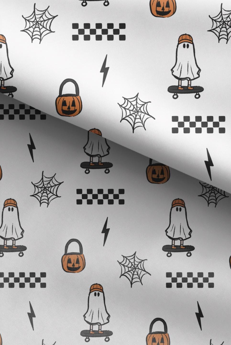 100% Cotton Fabric, Ghost - Skateboard, Ghost, Pumpkin, Skater Fabric, Quilting Fabric, 147cm Wide, Meter, Kids fabric