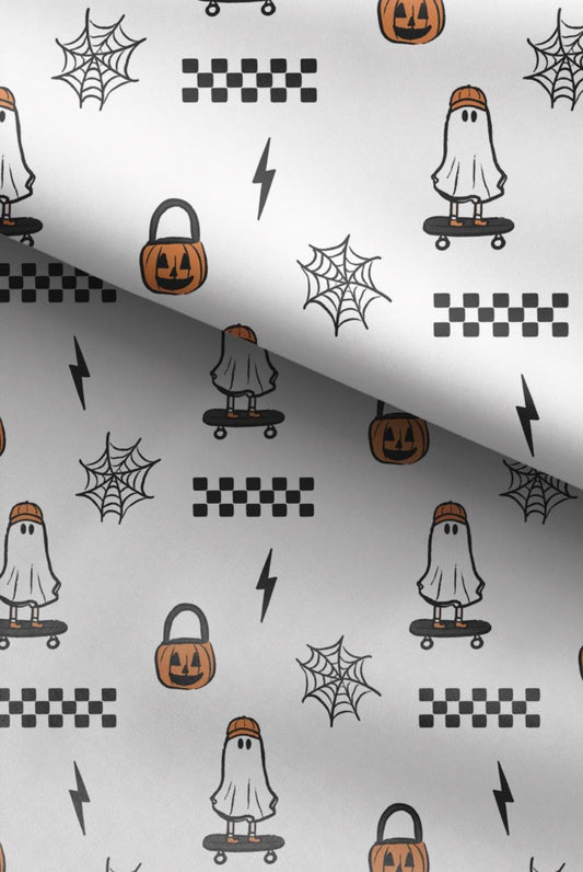 100% Cotton Fabric, Ghost - Skateboard, Ghost, Pumpkin, Skater Fabric, Quilting Fabric, 147cm Wide, Meter, Kids fabric