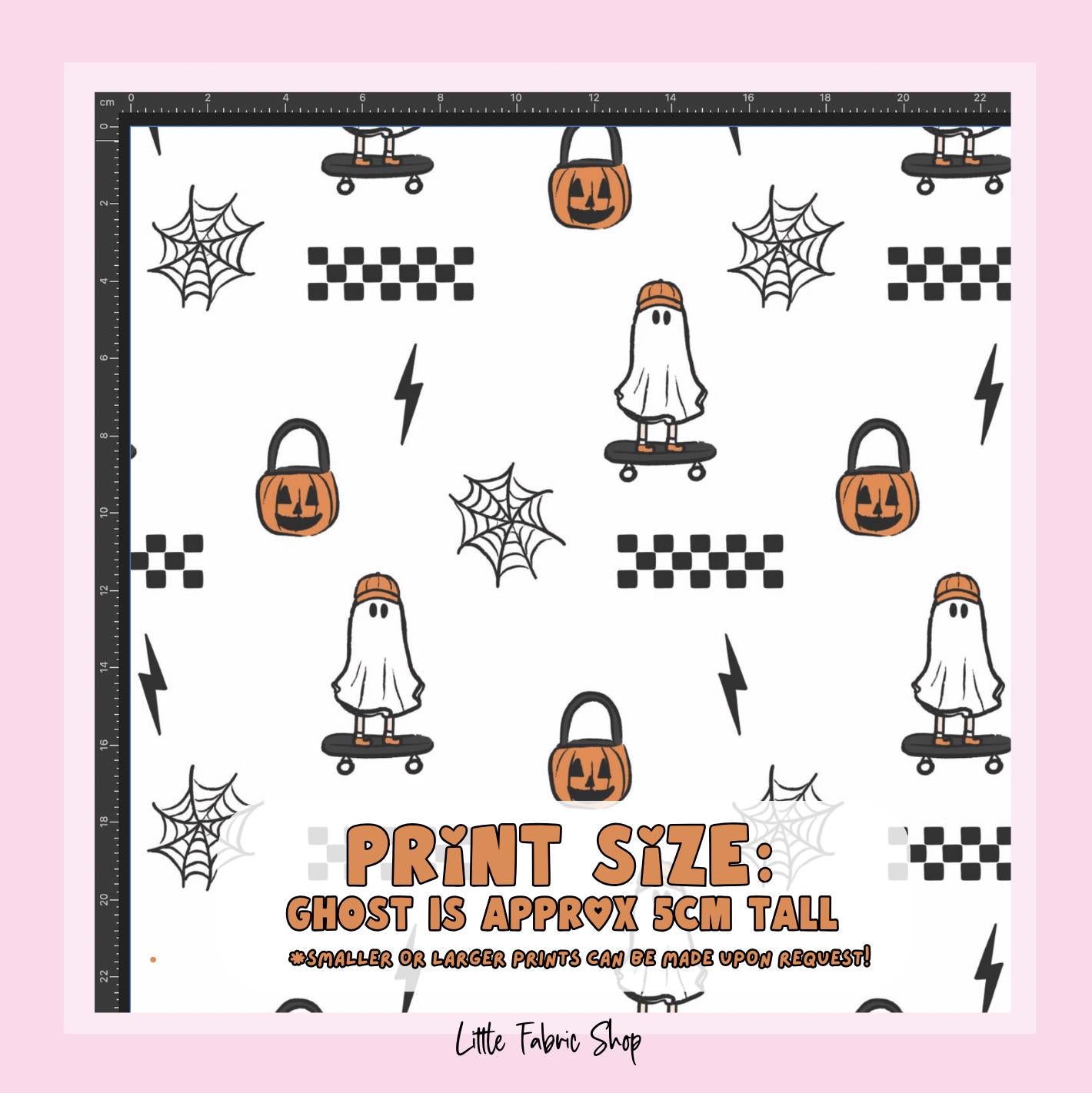 100% Cotton Fabric, Ghost - Skateboard, Ghost, Pumpkin, Skater Fabric, Quilting Fabric, 147cm Wide, Meter, Kids fabric