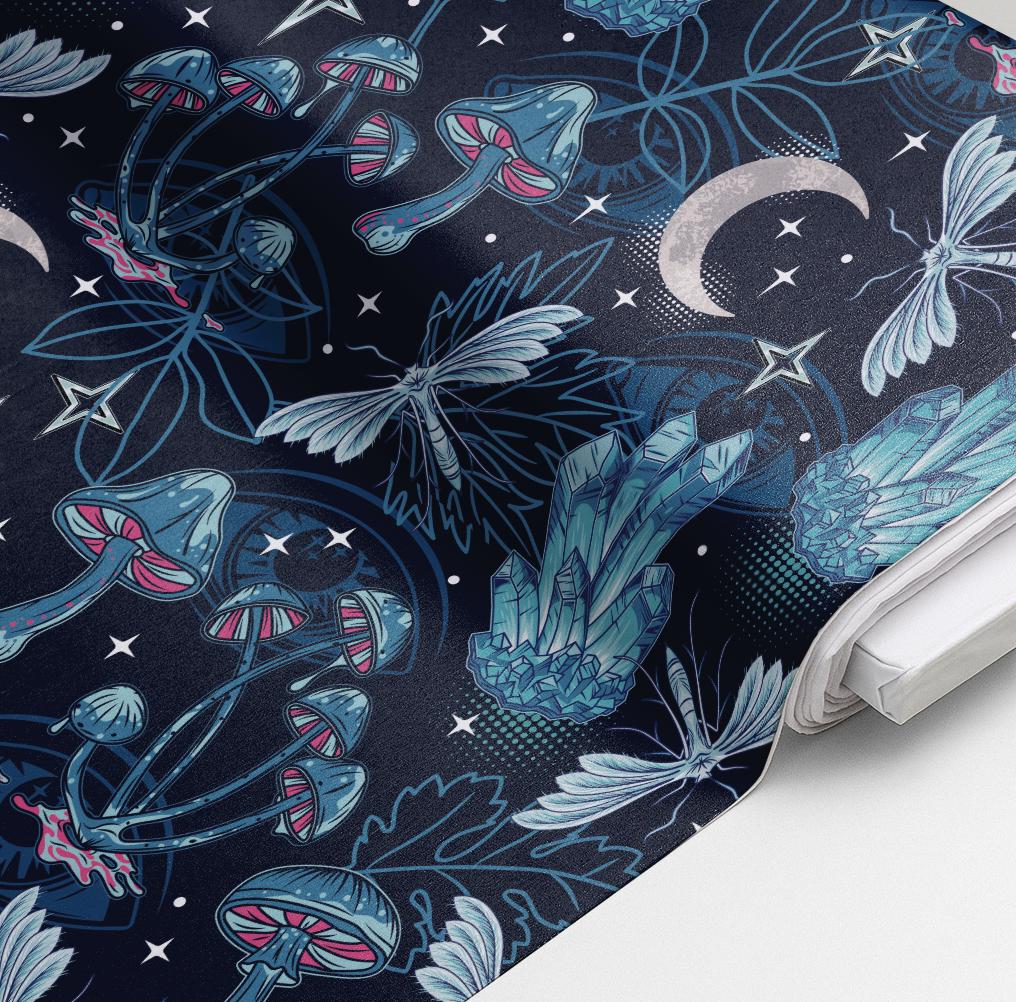 100% Cotton Fabric, Crystals - Blue, Dark Woodland Magical Fabric, Quilting Fabric, 147cm Wide, Meter, Magical fabric
