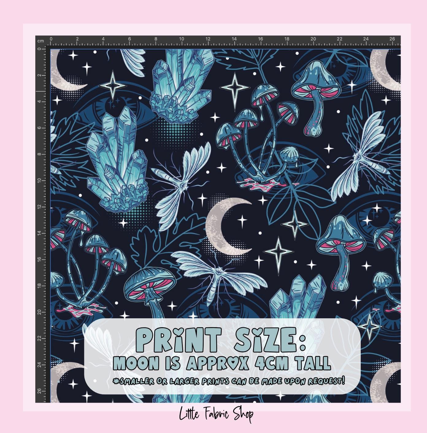 100% Cotton Fabric, Crystals - Blue, Dark Woodland Magical Fabric, Quilting Fabric, 147cm Wide, Meter, Magical fabric