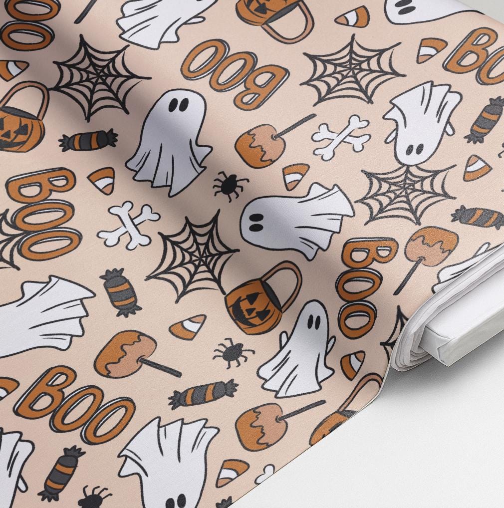 100% Cotton Fabric, Ghosts - Orange Fabric, Quilting Fabric, 147cm Wide, Meter, Halloween, Ghosts, Pumpkins fabric