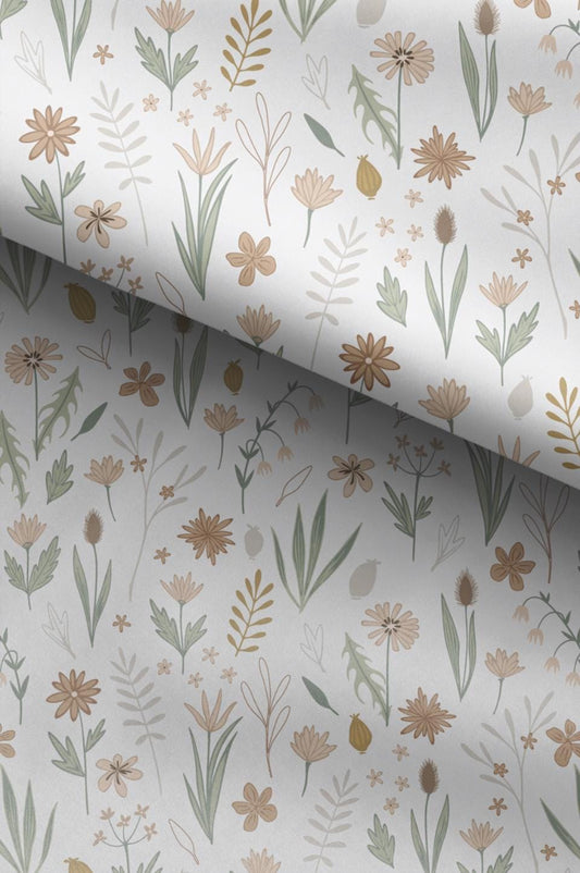 100% Cotton Fabric, Flowers - Sage and Beige, Fabric, Quilting Fabric, 147cm Wide, Meter, Floral Girly Fabric