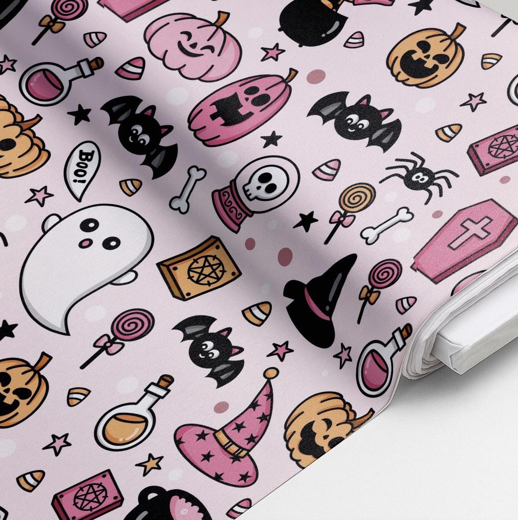 100% Cotton Fabric, Halloween - Pink Fabric, Quilting Fabric, 147cm Wide, Meter, Ghost, Pumpkin, Bat, Witches Hat Fabric