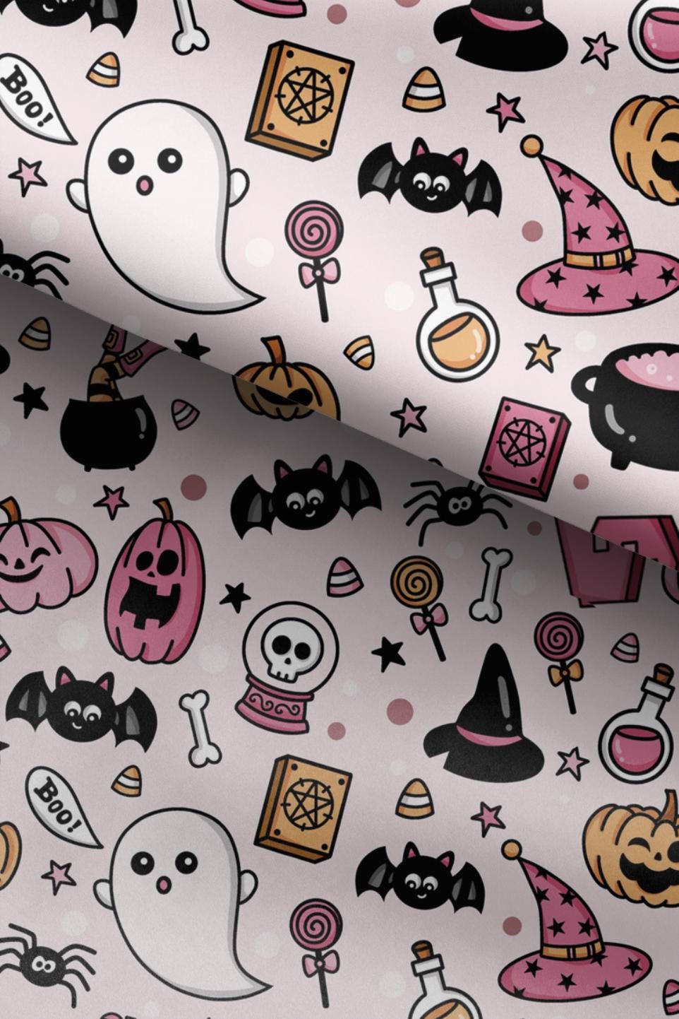100% Cotton Fabric, Halloween - Pink Fabric, Quilting Fabric, 147cm Wide, Meter, Ghost, Pumpkin, Bat, Witches Hat Fabric