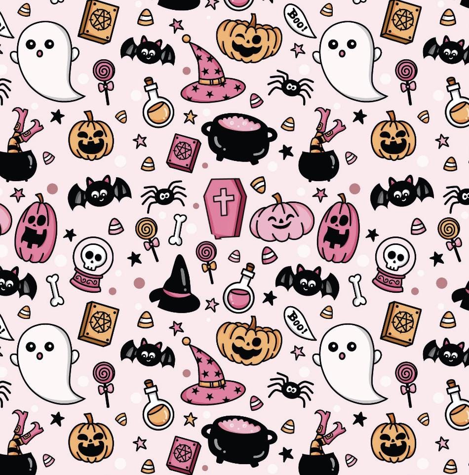 100% Cotton Fabric, Halloween - Pink Fabric, Quilting Fabric, 147cm Wide, Meter, Ghost, Pumpkin, Bat, Witches Hat Fabric