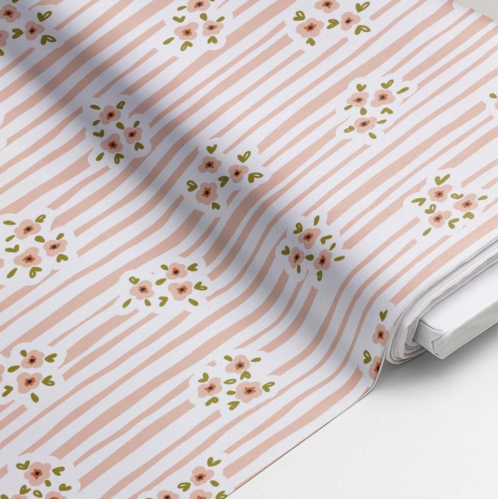 100% Cotton Fabric, Stripes - Floral Pink Fabric, Quilting Fabric, 147cm Wide, Meter, Flower, Stripes, Pretty Pink Peach Fabric