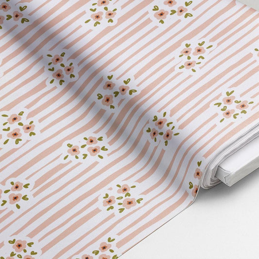 100% Cotton Fabric, Stripes - Floral Pink Fabric, Quilting Fabric, 147cm Wide, Meter, Flower, Stripes, Pretty Pink Peach Fabric