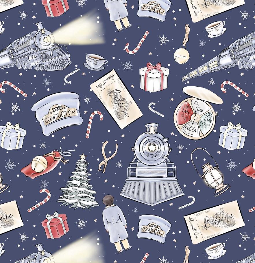 100% Cotton Fabric, Polar Express Train, Fabric, Quilting Fabric, 147cm Wide, Meter, Christmas, Festive, Train, Believe Fabric