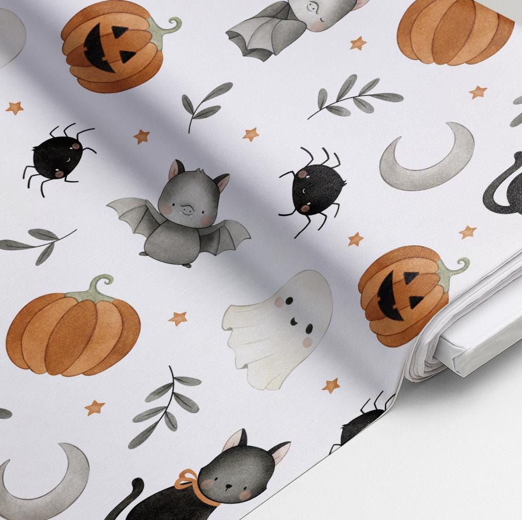 100% Cotton Fabric, Halloween -Watercolour Bats, Fabric, Quilting Fabric, 147cm Wide, Meter, Halloween, Cute Bat Fabric, Pumpkins