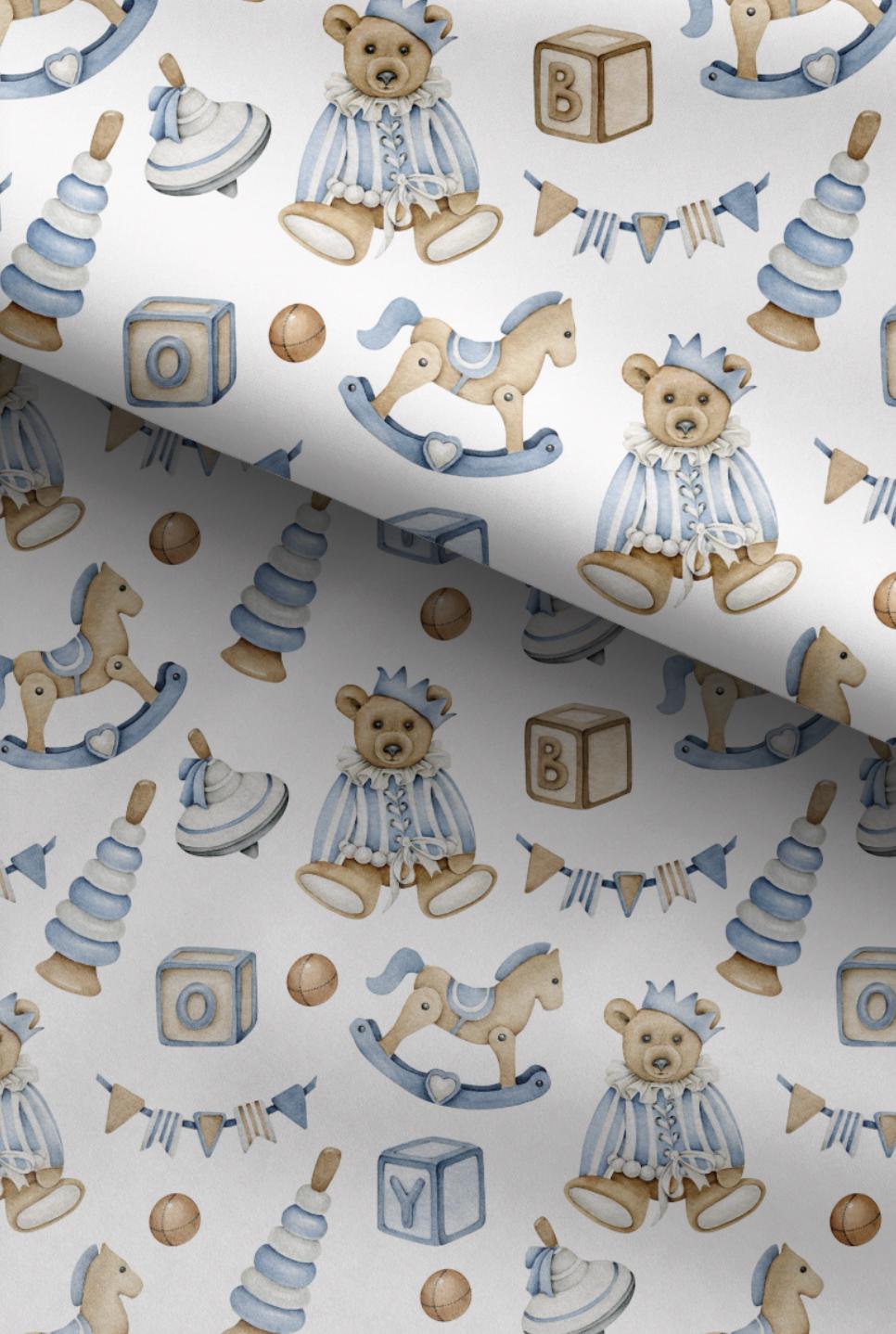 100% Cotton Fabric, Vintage Bear - Blue, Fabric, Quilting Fabric, 147cm Wide, Meter, Vintage Rocking Horse Fabric
