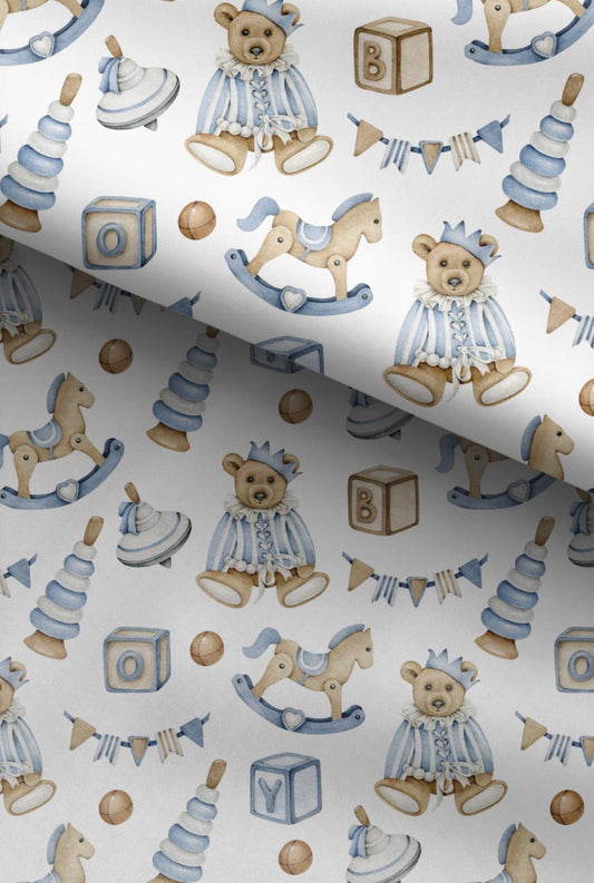 100% Cotton Fabric, Vintage Bear - Blue, Fabric, Quilting Fabric, 147cm Wide, Meter, Vintage Rocking Horse Fabric