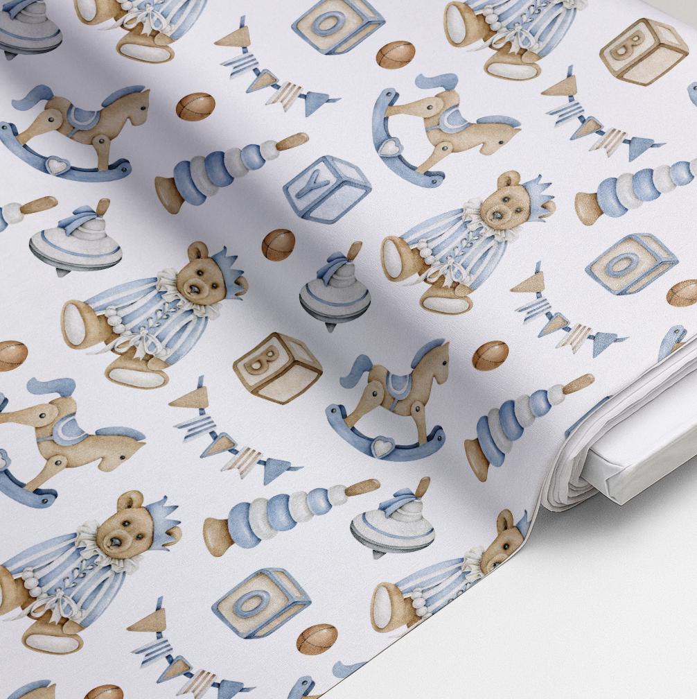 100% Cotton Fabric, Vintage Bear - Blue, Fabric, Quilting Fabric, 147cm Wide, Meter, Vintage Rocking Horse Fabric