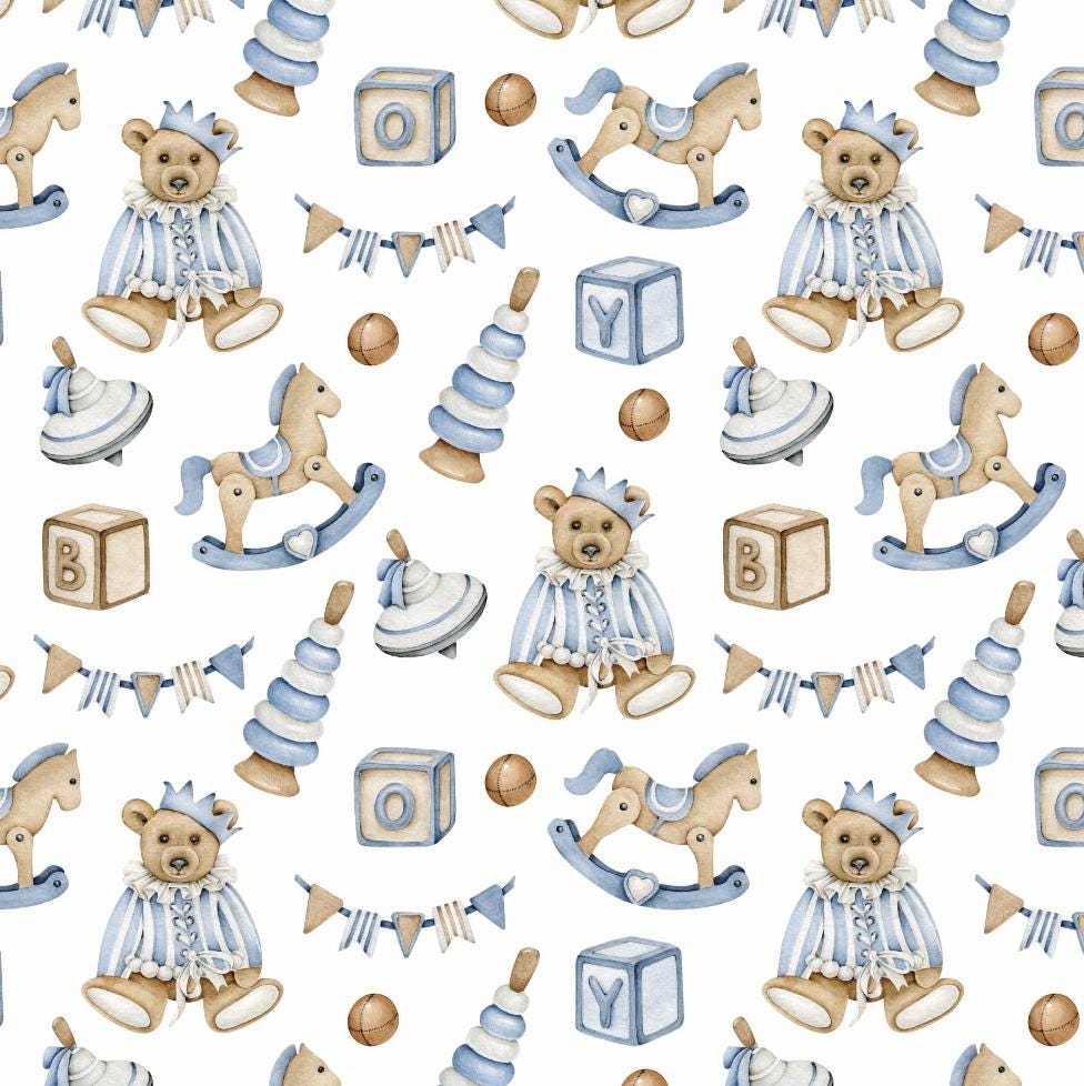 100% Cotton Fabric, Vintage Bear - Blue, Fabric, Quilting Fabric, 147cm Wide, Meter, Vintage Rocking Horse Fabric