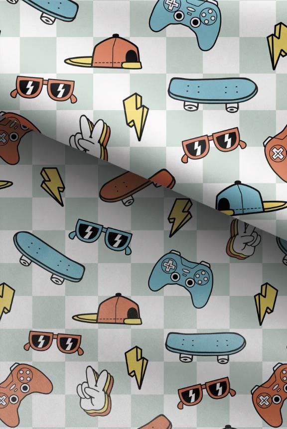 100% Cotton Fabric, Checkered - Skater Boy, Fabric, Quilting Fabric, 147cm Wide, Meter, Skater, Playstation, Fabric