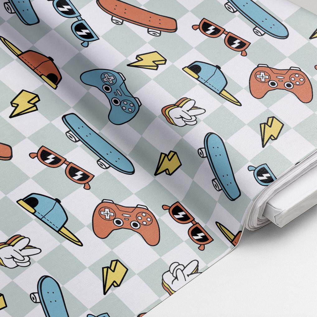 100% Cotton Fabric, Checkered - Skater Boy, Fabric, Quilting Fabric, 147cm Wide, Meter, Skater, Playstation, Fabric