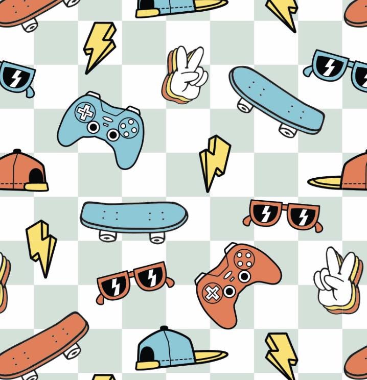 100% Cotton Fabric, Checkered - Skater Boy, Fabric, Quilting Fabric, 147cm Wide, Meter, Skater, Playstation, Fabric