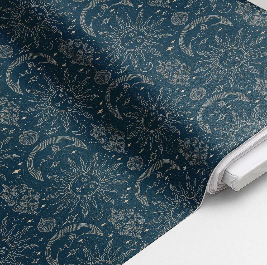 100% Cotton Fabric, Celestial - Dark Teal Navy, Gold, Fabric, Quilting Fabric, 147cm Wide, Meter, Crescent Moon Fabric