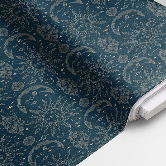 100% Cotton Fabric, Celestial - Dark Teal Navy, Gold, Fabric, Quilting Fabric, 147cm Wide, Meter, Crescent Moon Fabric