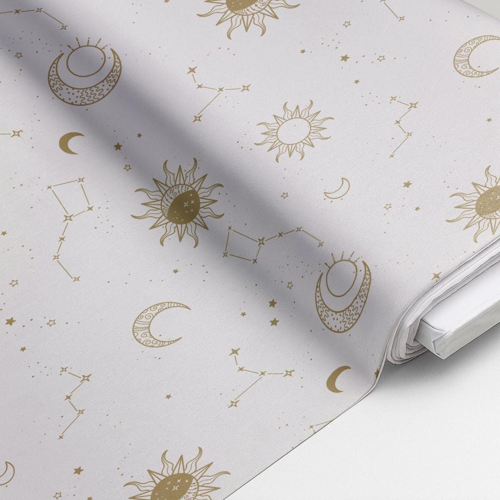 100% Cotton Fabric, Celestial - Butterflies Beige, Fabric, Quilting Fabric, 147cm Wide, Meter, Celestial Crescent Moon Fabric