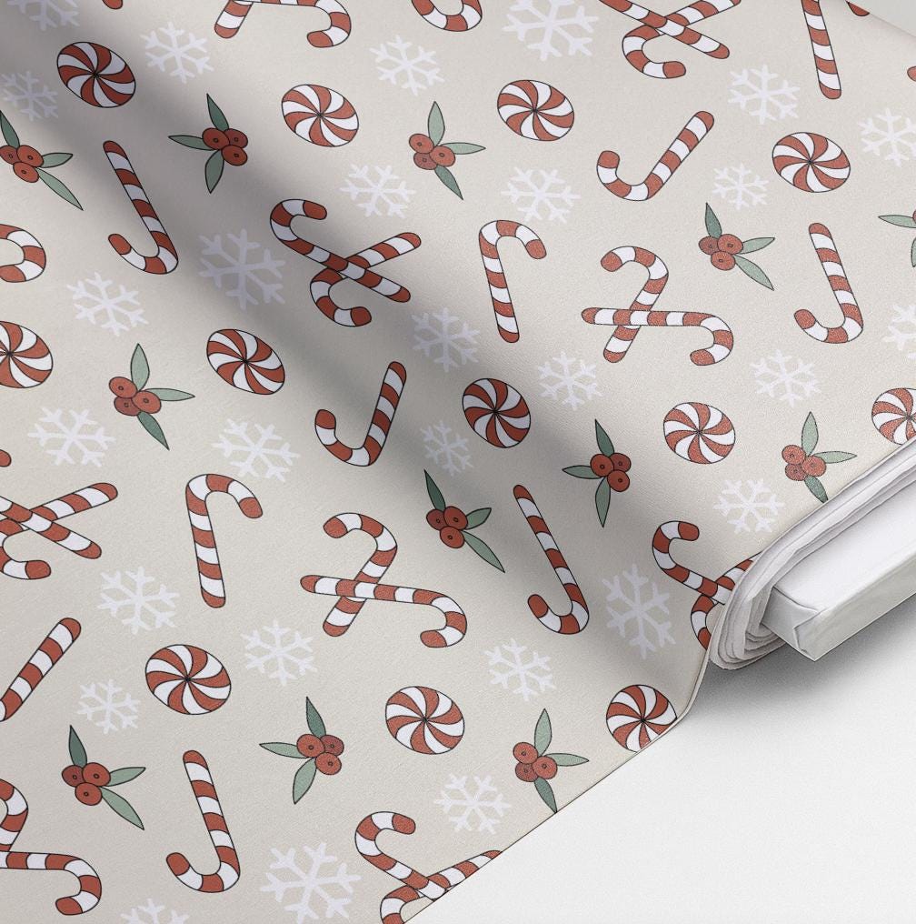 100% Cotton Fabric, Candy Cane - Beige, Fabric, Quilting Fabric, 147cm Wide, Meter, Christmas Candy Cane Fabric