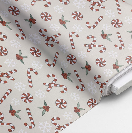 100% Cotton Fabric, Candy Cane - Beige, Fabric, Quilting Fabric, 147cm Wide, Meter, Christmas Candy Cane Fabric