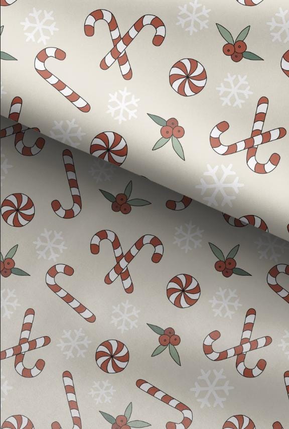 100% Cotton Fabric, Candy Cane - Beige, Fabric, Quilting Fabric, 147cm Wide, Meter, Christmas Candy Cane Fabric
