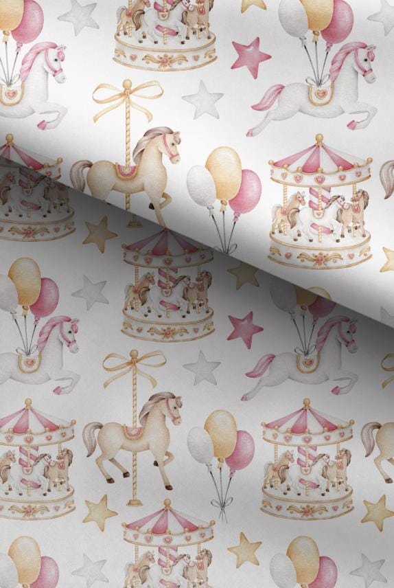 100% Cotton Fabric, Carousel - Pink, Fabric, Quilting Fabric, 147cm Wide, Meter, Carousel Horses, Pink Fabric