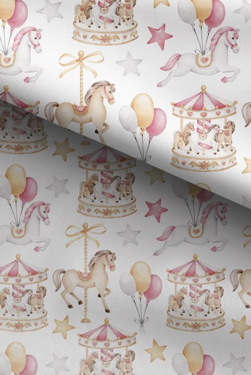 100% Cotton Fabric, Carousel - Pink, Fabric, Quilting Fabric, 147cm Wide, Meter, Carousel Horses, Pink Fabric