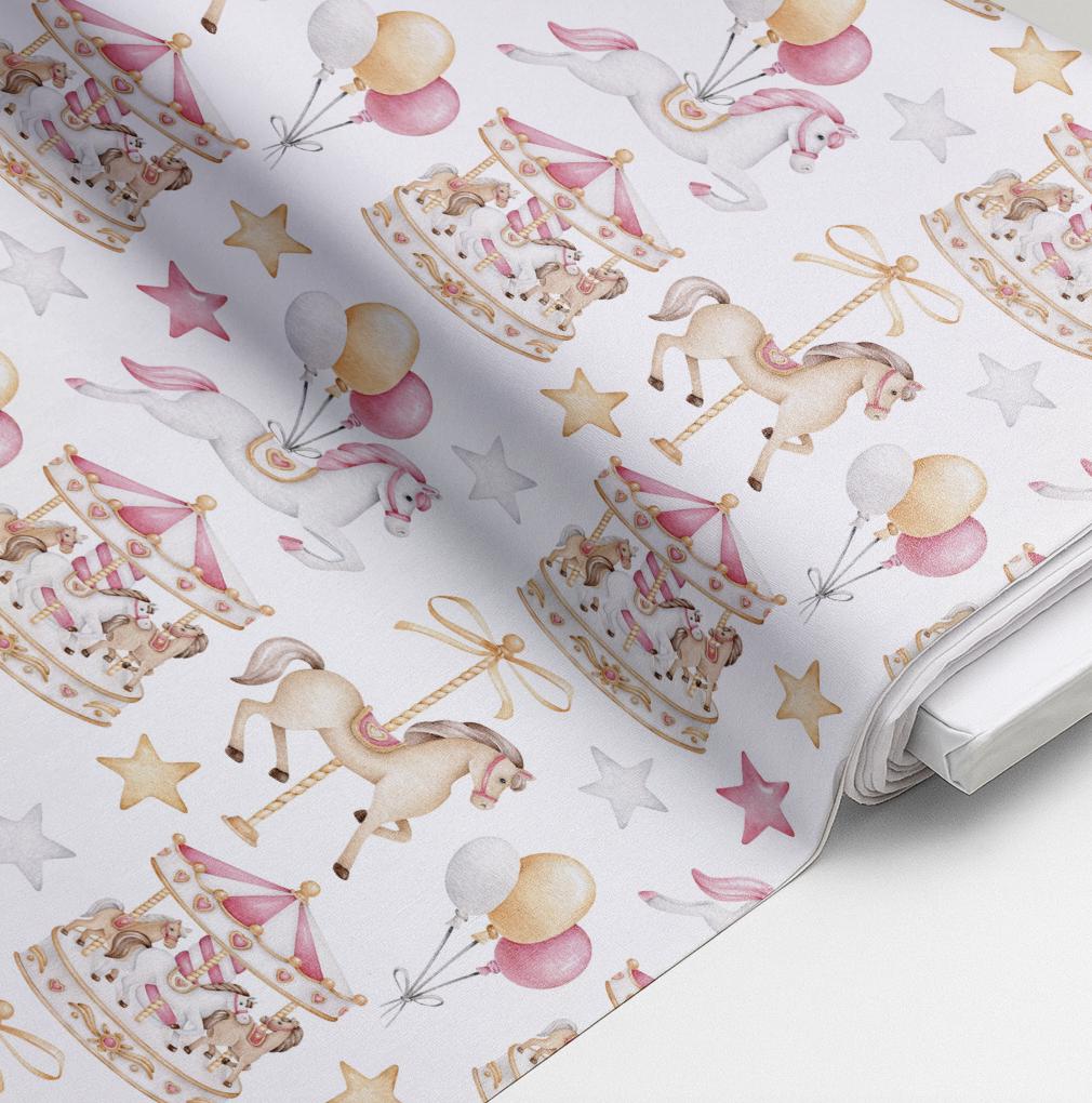 100% Cotton Fabric, Carousel - Pink, Fabric, Quilting Fabric, 147cm Wide, Meter, Carousel Horses, Pink Fabric
