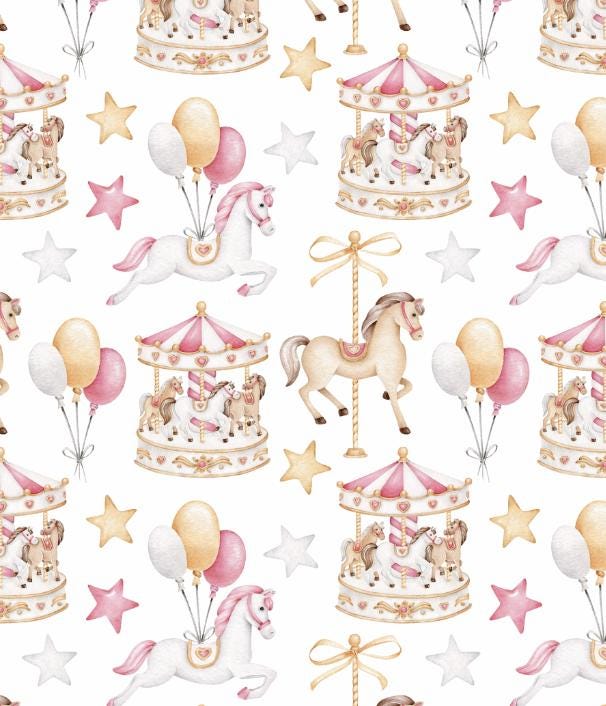 100% Cotton Fabric, Carousel - Pink, Fabric, Quilting Fabric, 147cm Wide, Meter, Carousel Horses, Pink Fabric