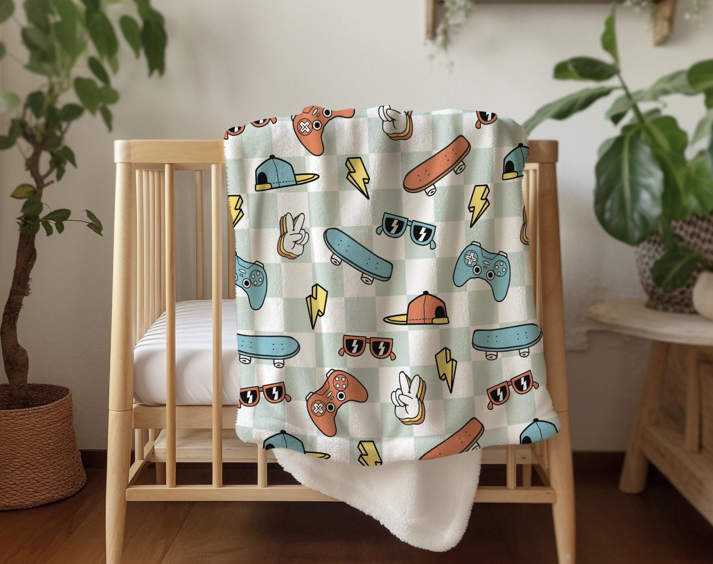 Checkered - Skater Boys, Sherpa Fleece Blanket, Decor, Kids Bedding, Blankets, Children's Room, Blue Checkered Cool Boys Kids Blanket