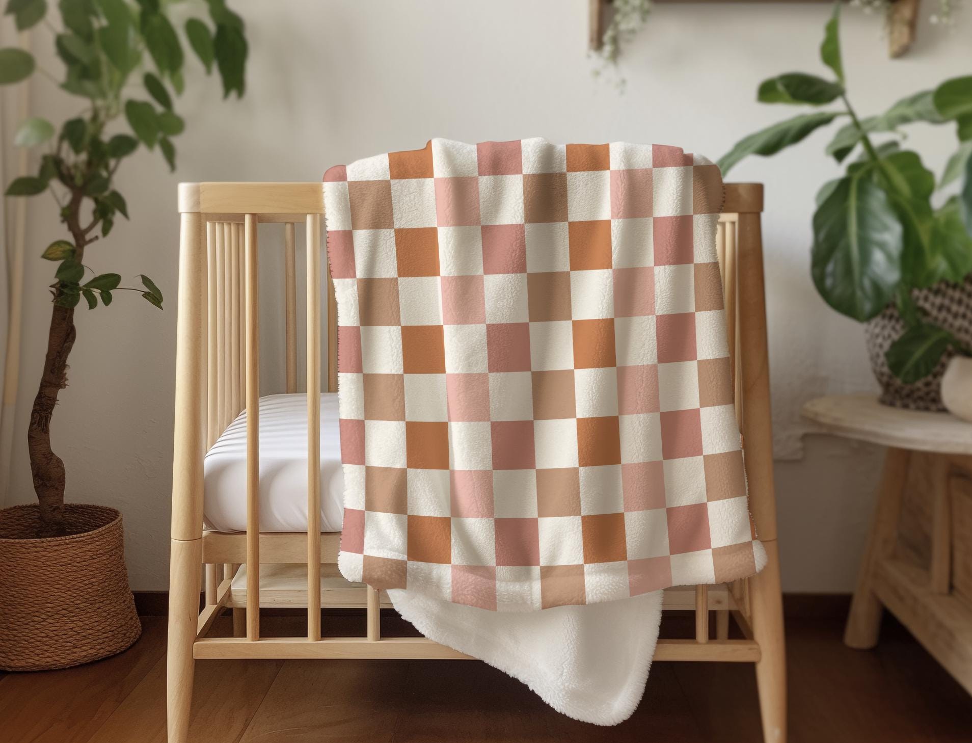 Checkered - Fall, Orange Peach Brown, Sherpa Fleece Blanket, Decor, Kids Bedding, Blankets, Bedroom, Fall Autumn Checkered Fleece Blanket