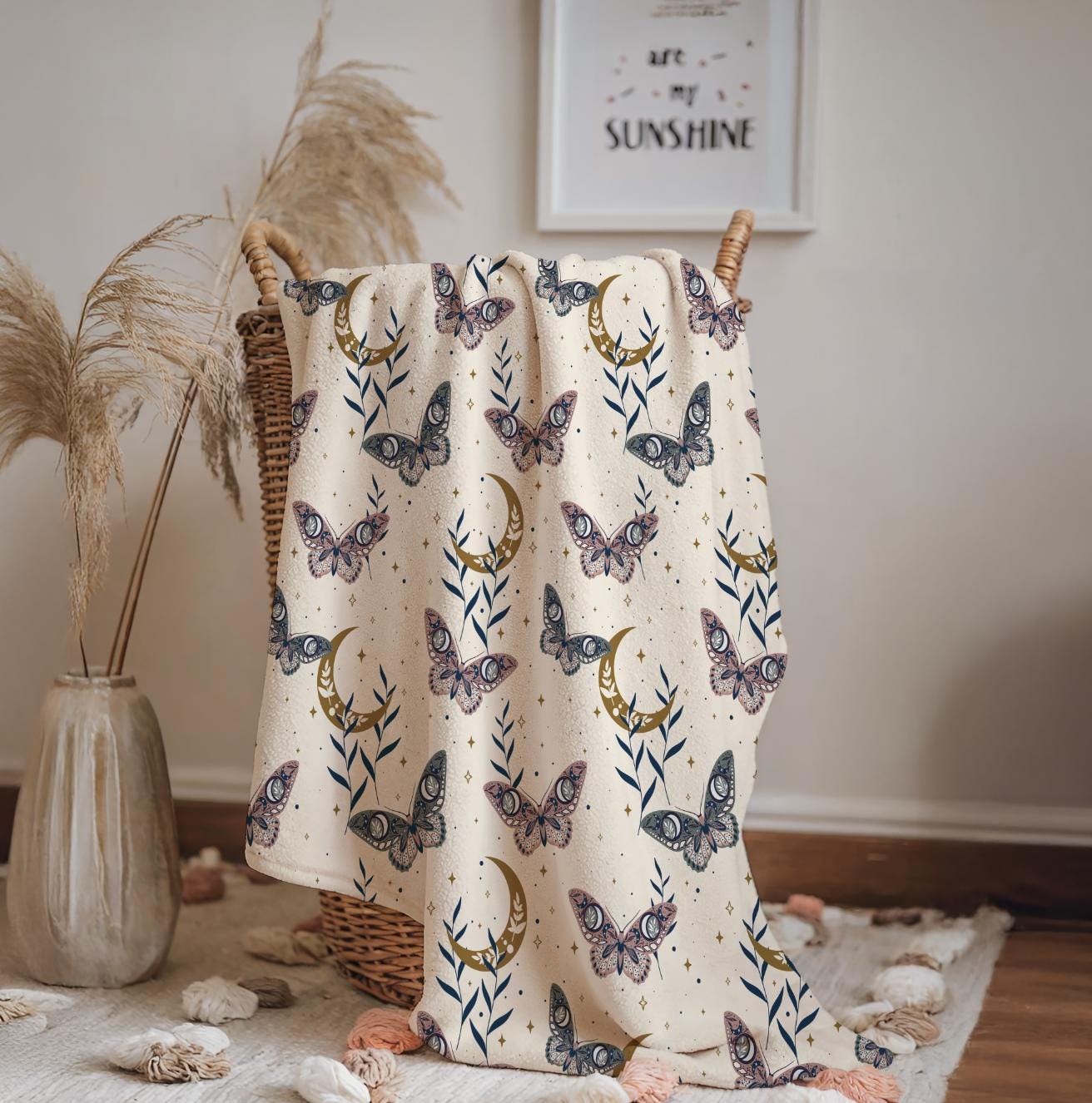 Celestial - Butterflies Beige, Sherpa Fleece Blanket, Decor, Kids Bedding, Blankets, Children's Room, Beige Butterfly, Kids Blanket