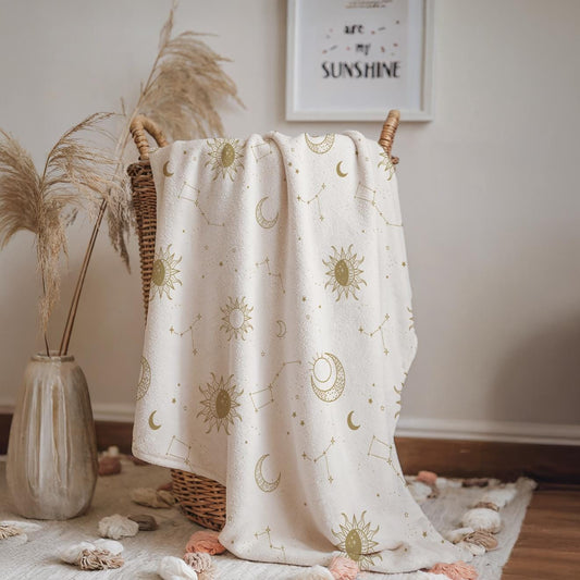 Celestial - Beige and Gold, Sherpa Fleece Blanket, Decor, Kids Bedding, Blankets, Children's Room, Stars and Moon, Boho Kids Blanket